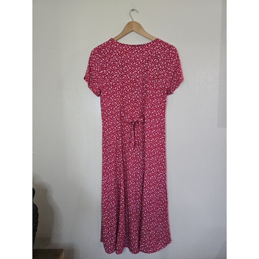 Saks Fifth Avenue Red Ditsy Floral Midi Dress V Neck Tie Back Boho Size 2 - Picture 5 of 12